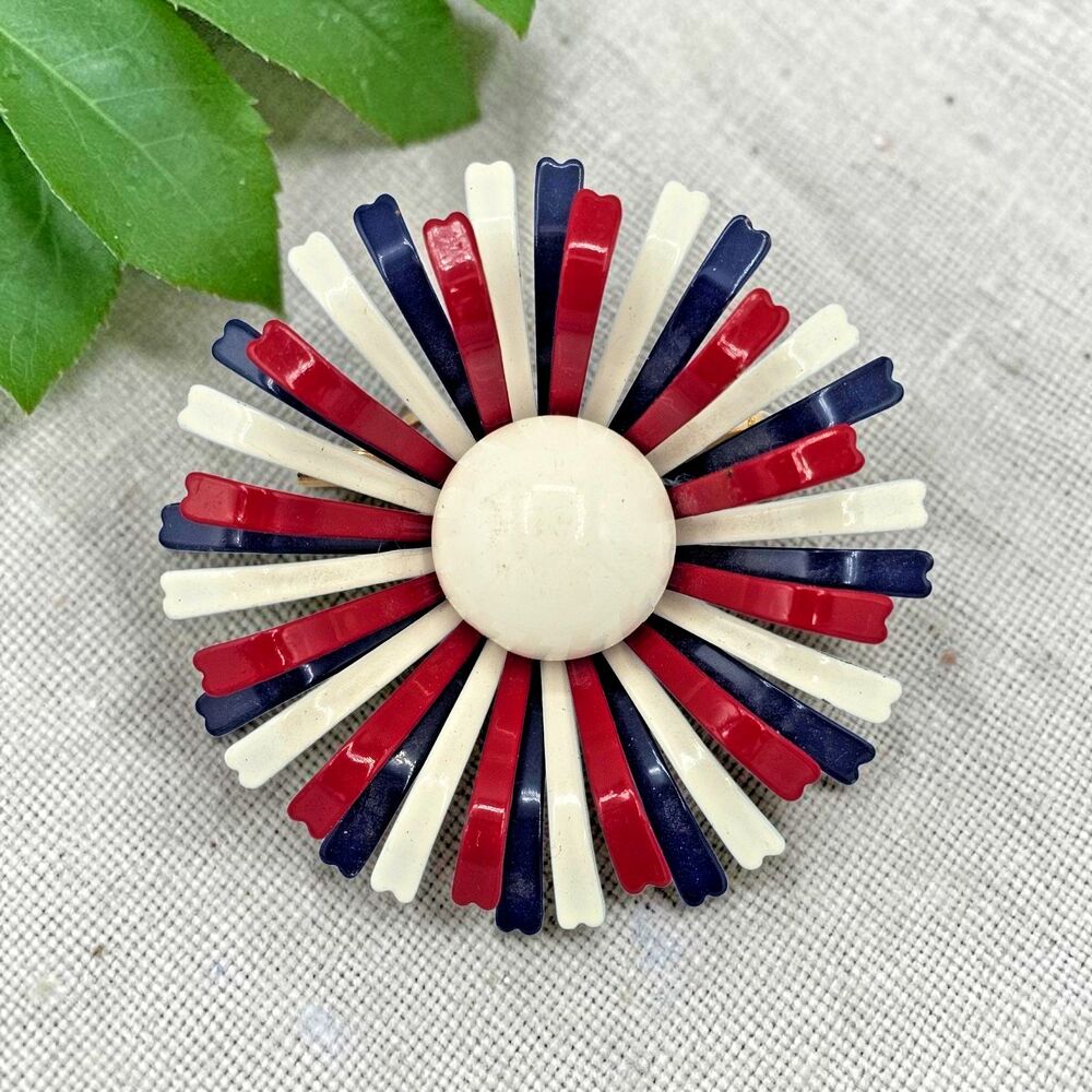 Patriotic Flower Brooch Vintage Enamel Red White Blue Mod Americana Jewelry Pin
